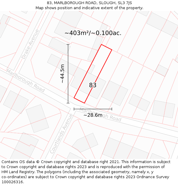 83, MARLBOROUGH ROAD, SLOUGH, SL3 7JS: Plot and title map