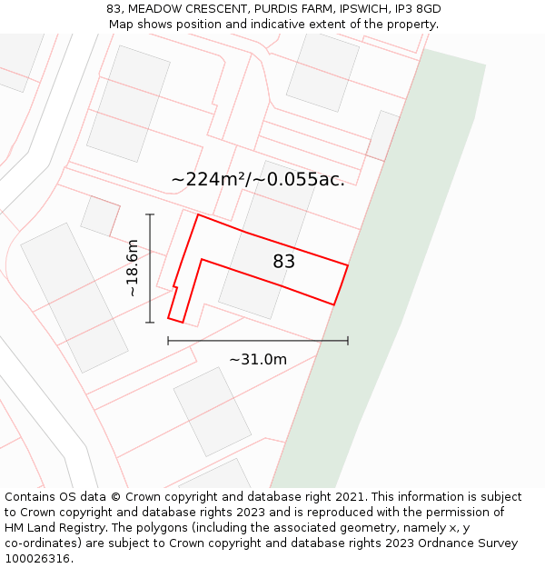 83, MEADOW CRESCENT, PURDIS FARM, IPSWICH, IP3 8GD: Plot and title map