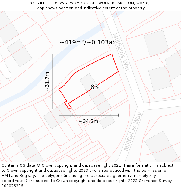 83, MILLFIELDS WAY, WOMBOURNE, WOLVERHAMPTON, WV5 8JG: Plot and title map
