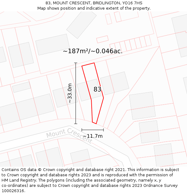 83, MOUNT CRESCENT, BRIDLINGTON, YO16 7HS: Plot and title map