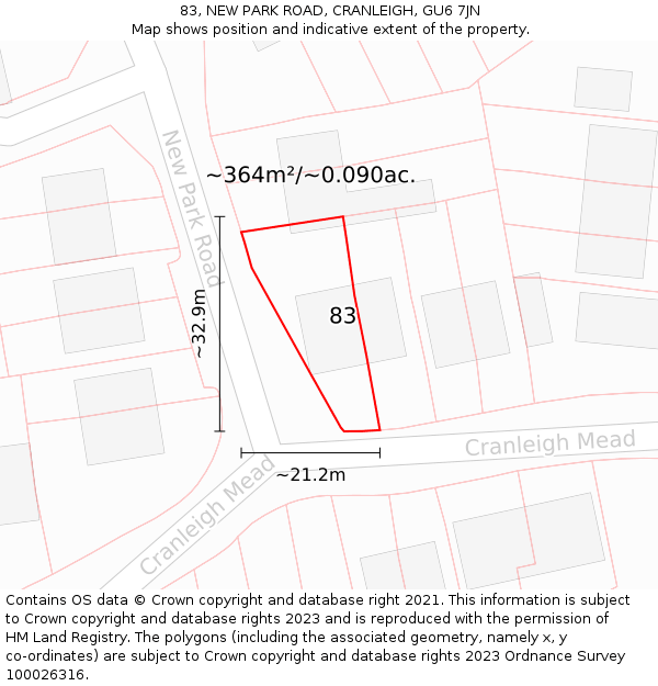 83, NEW PARK ROAD, CRANLEIGH, GU6 7JN: Plot and title map