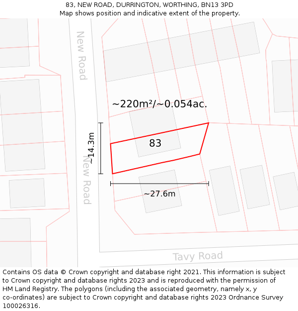 83, NEW ROAD, DURRINGTON, WORTHING, BN13 3PD: Plot and title map
