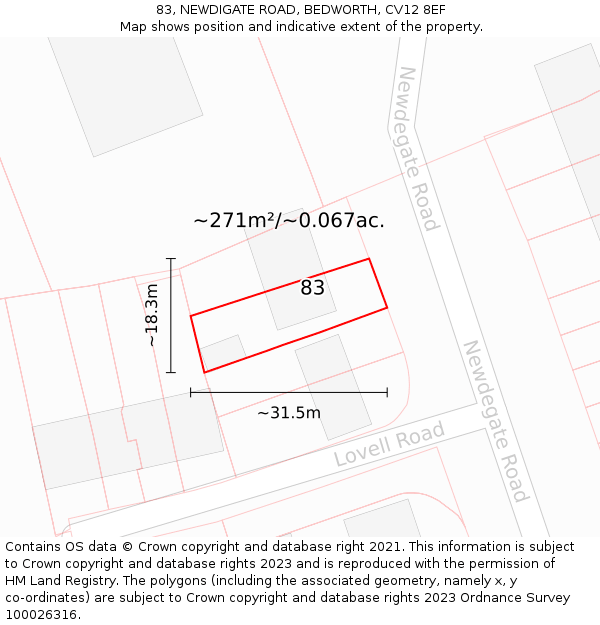 83, NEWDIGATE ROAD, BEDWORTH, CV12 8EF: Plot and title map