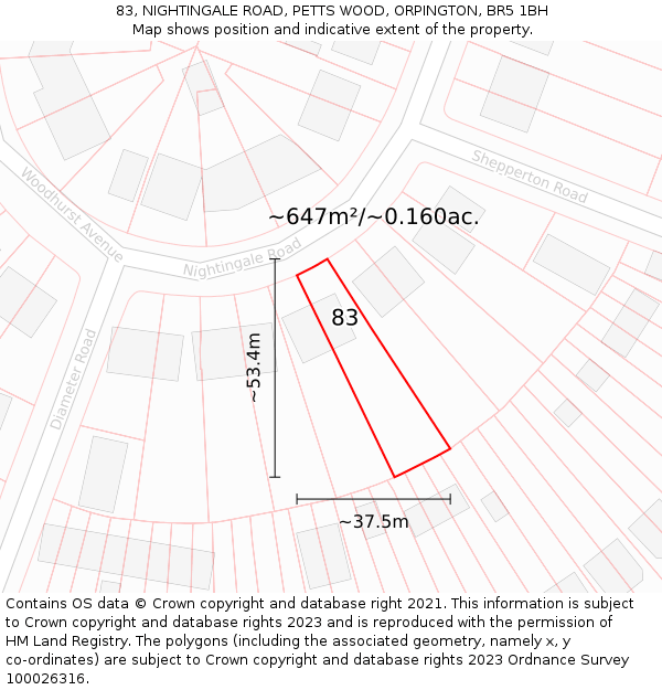 83, NIGHTINGALE ROAD, PETTS WOOD, ORPINGTON, BR5 1BH: Plot and title map