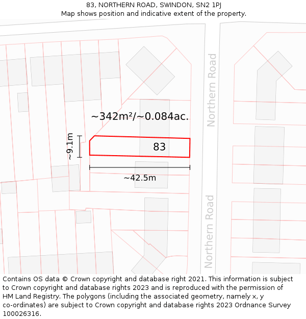 83, NORTHERN ROAD, SWINDON, SN2 1PJ: Plot and title map
