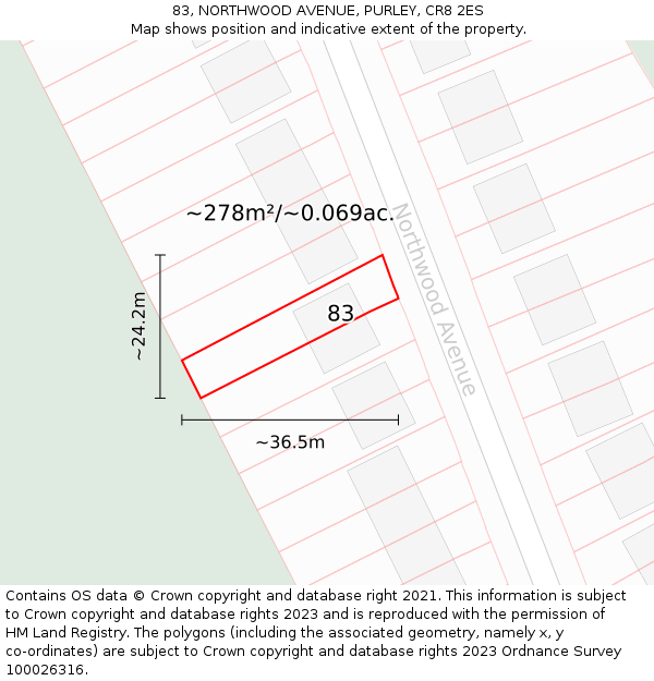 83, NORTHWOOD AVENUE, PURLEY, CR8 2ES: Plot and title map