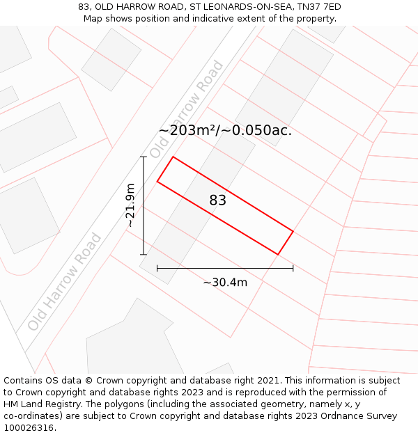 83, OLD HARROW ROAD, ST LEONARDS-ON-SEA, TN37 7ED: Plot and title map