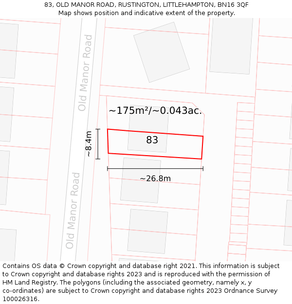 83, OLD MANOR ROAD, RUSTINGTON, LITTLEHAMPTON, BN16 3QF: Plot and title map