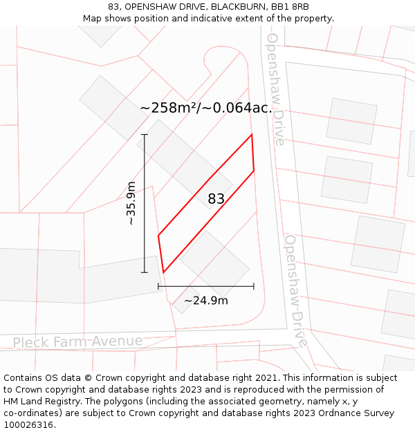 83, OPENSHAW DRIVE, BLACKBURN, BB1 8RB: Plot and title map