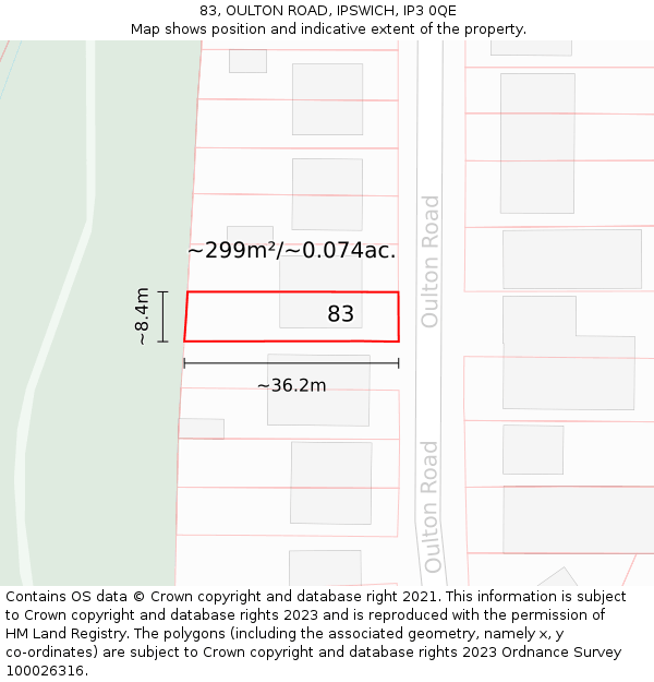 83, OULTON ROAD, IPSWICH, IP3 0QE: Plot and title map