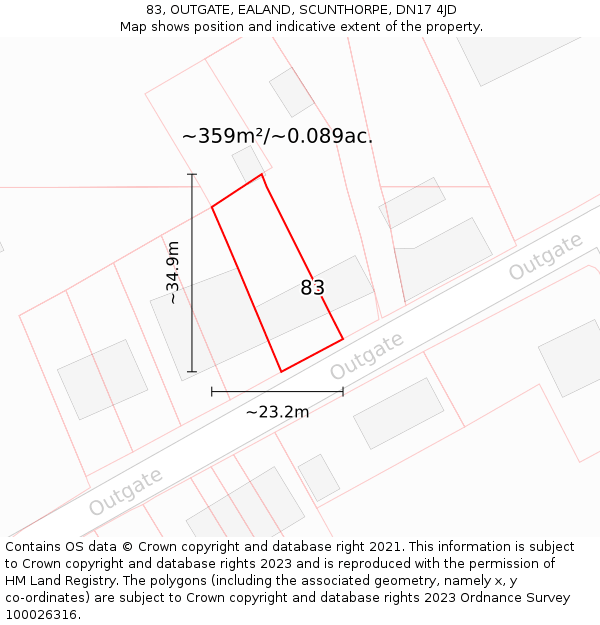 83, OUTGATE, EALAND, SCUNTHORPE, DN17 4JD: Plot and title map