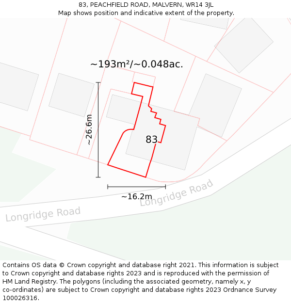 83, PEACHFIELD ROAD, MALVERN, WR14 3JL: Plot and title map