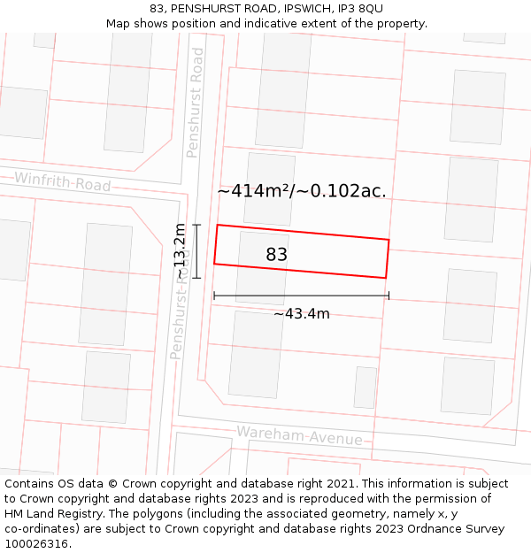 83, PENSHURST ROAD, IPSWICH, IP3 8QU: Plot and title map