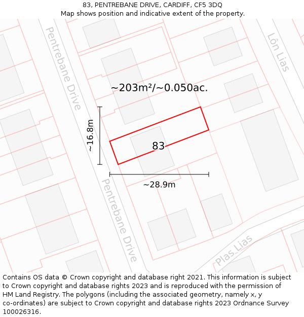 83, PENTREBANE DRIVE, CARDIFF, CF5 3DQ: Plot and title map