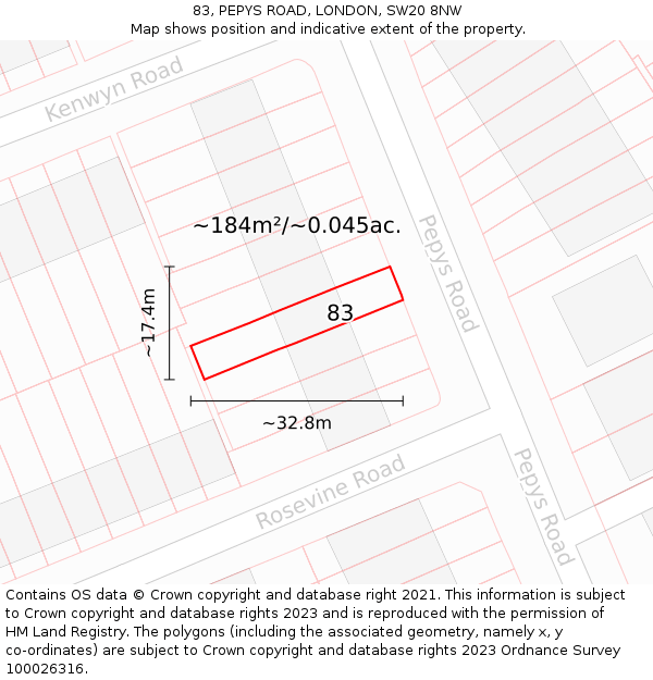 83, PEPYS ROAD, LONDON, SW20 8NW: Plot and title map