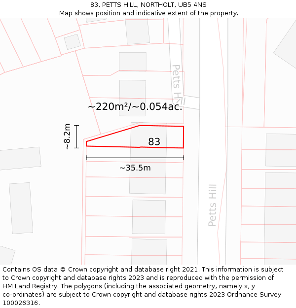 83, PETTS HILL, NORTHOLT, UB5 4NS: Plot and title map