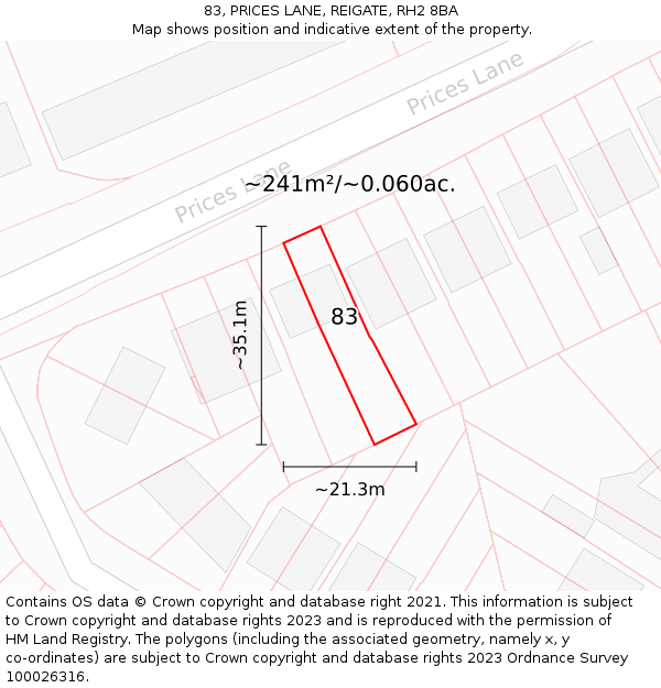 83, PRICES LANE, REIGATE, RH2 8BA: Plot and title map