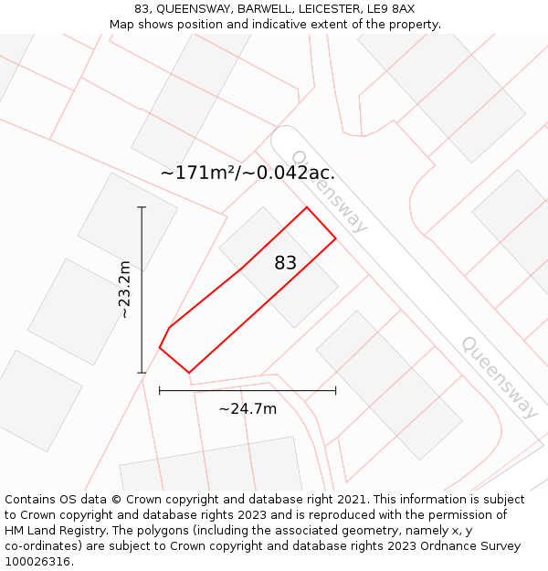 83, QUEENSWAY, BARWELL, LEICESTER, LE9 8AX: Plot and title map