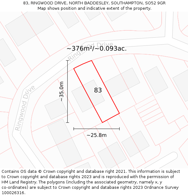 83, RINGWOOD DRIVE, NORTH BADDESLEY, SOUTHAMPTON, SO52 9GR: Plot and title map