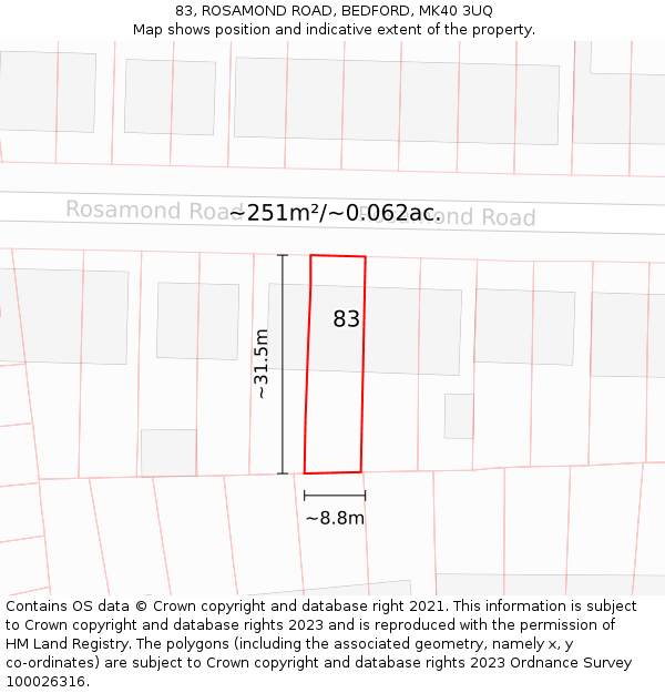 83, ROSAMOND ROAD, BEDFORD, MK40 3UQ: Plot and title map