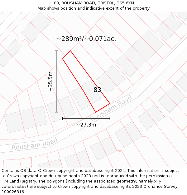 83, ROUSHAM ROAD, BRISTOL, BS5 6XN: Plot and title map
