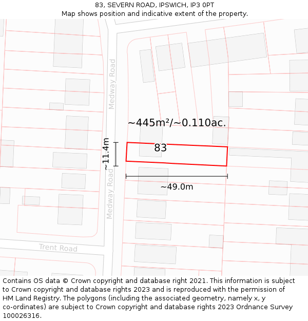 83, SEVERN ROAD, IPSWICH, IP3 0PT: Plot and title map