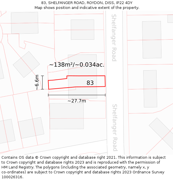83, SHELFANGER ROAD, ROYDON, DISS, IP22 4DY: Plot and title map