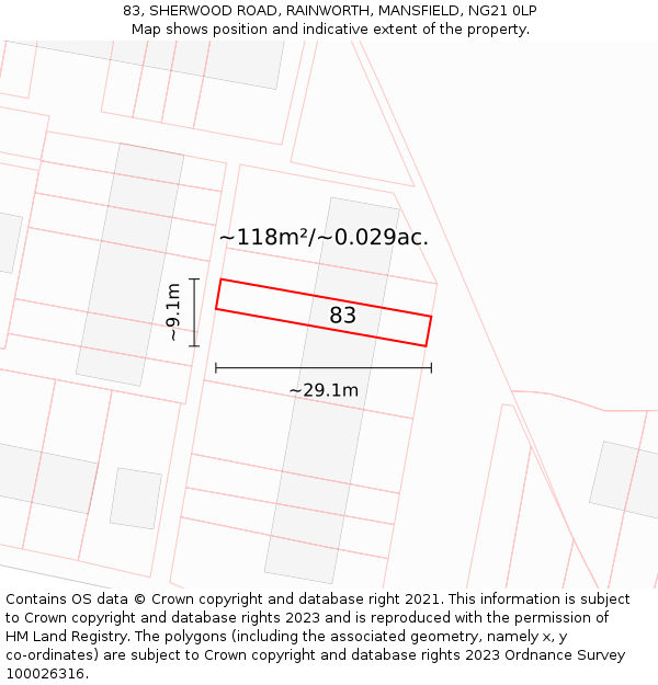 83, SHERWOOD ROAD, RAINWORTH, MANSFIELD, NG21 0LP: Plot and title map