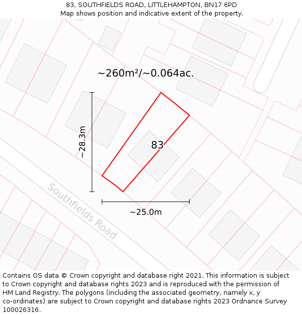 83, SOUTHFIELDS ROAD, LITTLEHAMPTON, BN17 6PD: Plot and title map