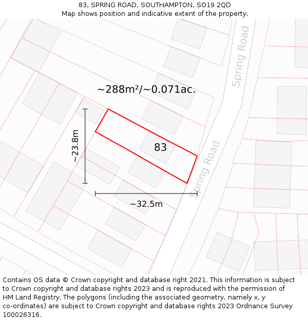 83, SPRING ROAD, SOUTHAMPTON, SO19 2QD: Plot and title map