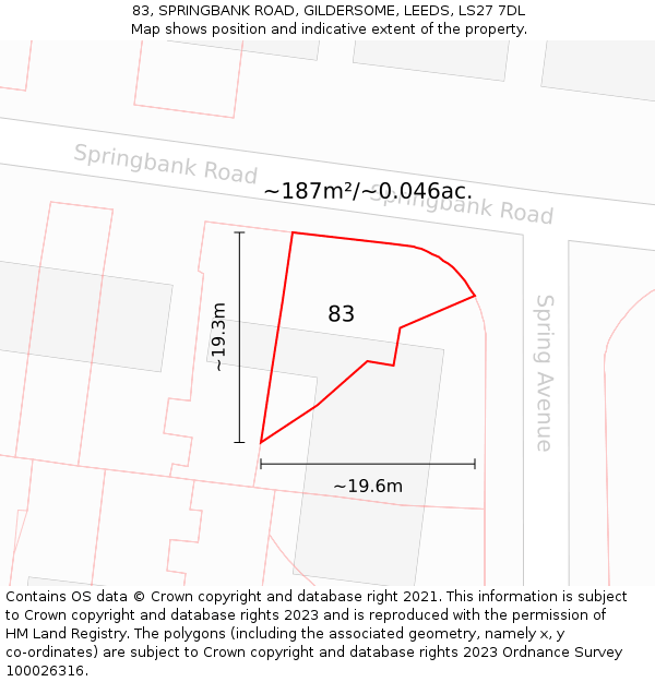 83, SPRINGBANK ROAD, GILDERSOME, LEEDS, LS27 7DL: Plot and title map
