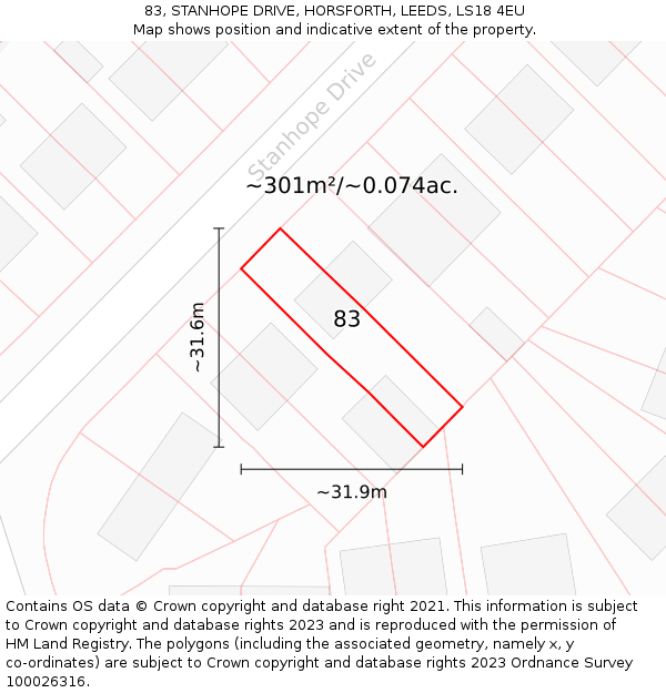 83, STANHOPE DRIVE, HORSFORTH, LEEDS, LS18 4EU: Plot and title map