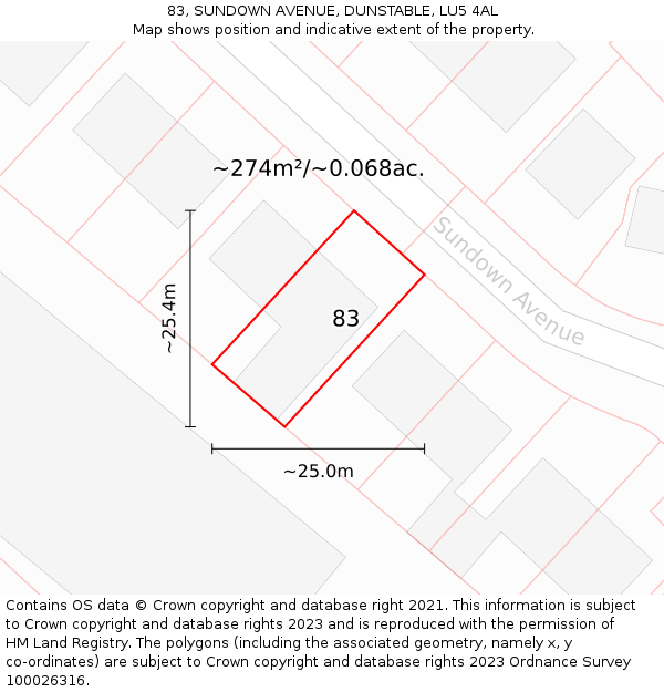 83, SUNDOWN AVENUE, DUNSTABLE, LU5 4AL: Plot and title map
