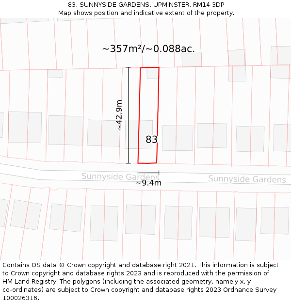 83, SUNNYSIDE GARDENS, UPMINSTER, RM14 3DP: Plot and title map