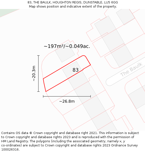 83, THE BAULK, HOUGHTON REGIS, DUNSTABLE, LU5 6GG: Plot and title map