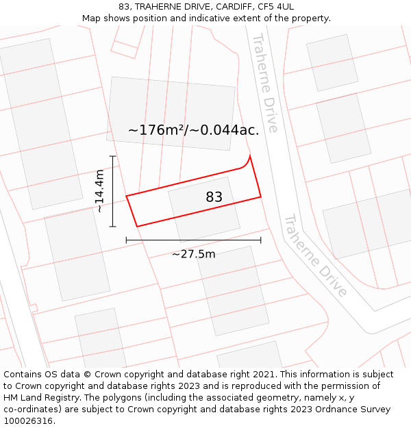 83, TRAHERNE DRIVE, CARDIFF, CF5 4UL: Plot and title map