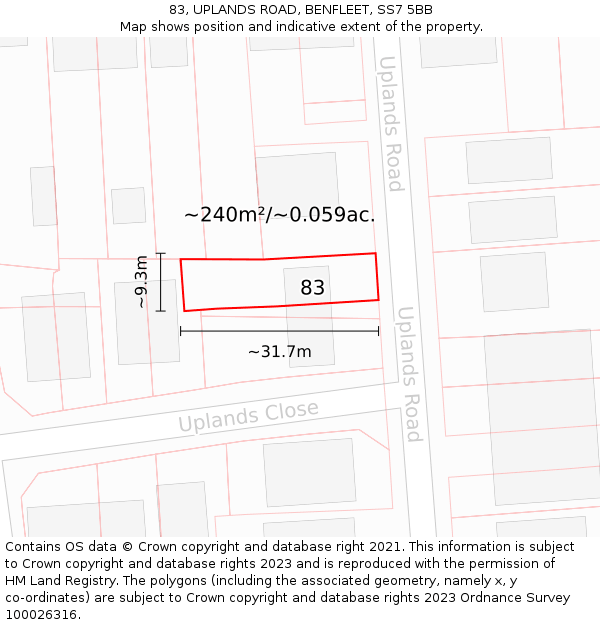 83, UPLANDS ROAD, BENFLEET, SS7 5BB: Plot and title map