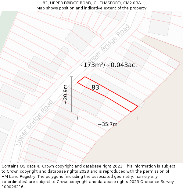 83, UPPER BRIDGE ROAD, CHELMSFORD, CM2 0BA: Plot and title map