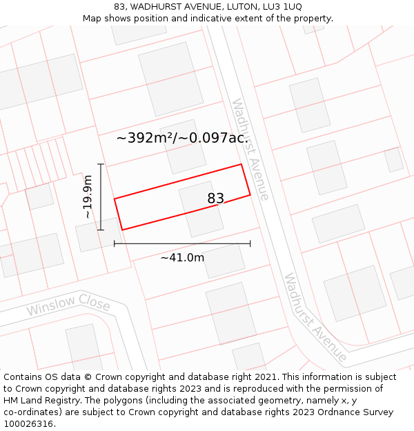 83, WADHURST AVENUE, LUTON, LU3 1UQ: Plot and title map