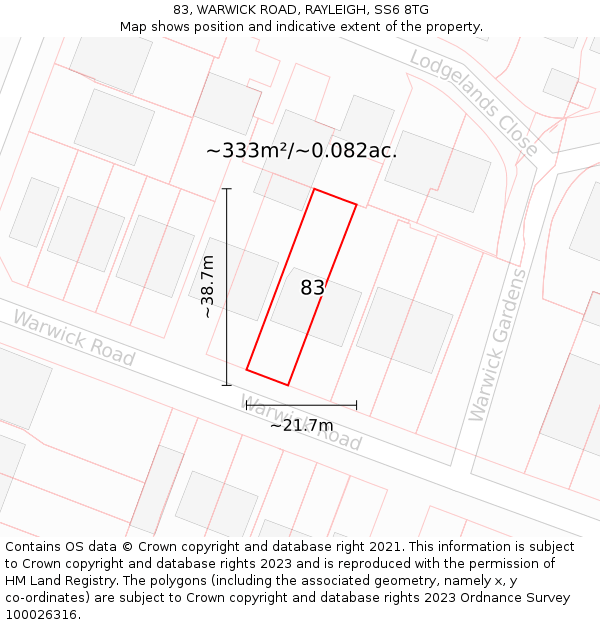 83, WARWICK ROAD, RAYLEIGH, SS6 8TG: Plot and title map