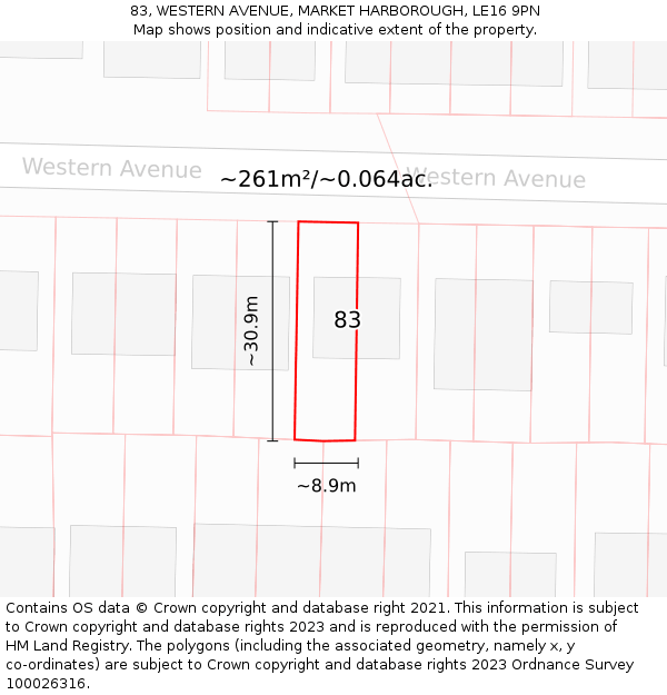 83, WESTERN AVENUE, MARKET HARBOROUGH, LE16 9PN: Plot and title map