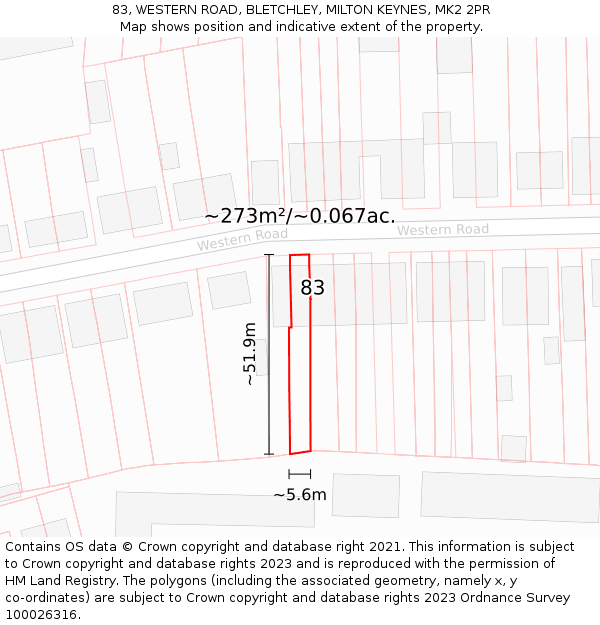 83, WESTERN ROAD, BLETCHLEY, MILTON KEYNES, MK2 2PR: Plot and title map