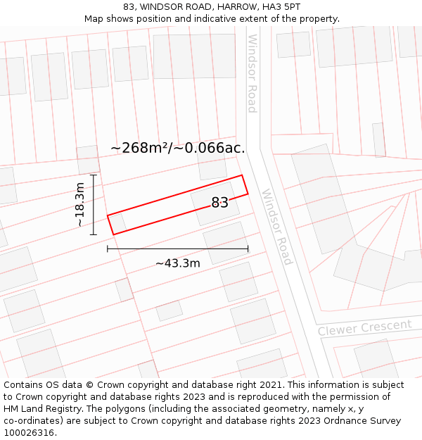 83, WINDSOR ROAD, HARROW, HA3 5PT: Plot and title map
