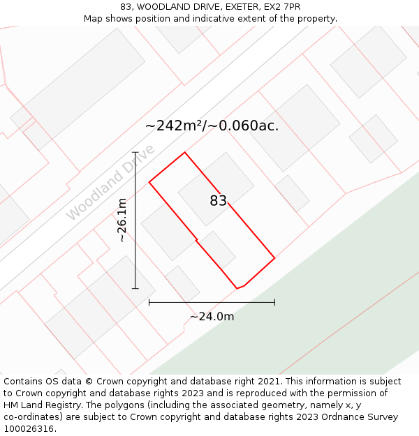 83, WOODLAND DRIVE, EXETER, EX2 7PR: Plot and title map
