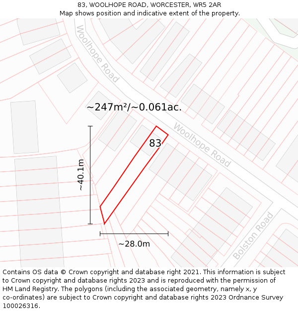 83, WOOLHOPE ROAD, WORCESTER, WR5 2AR: Plot and title map
