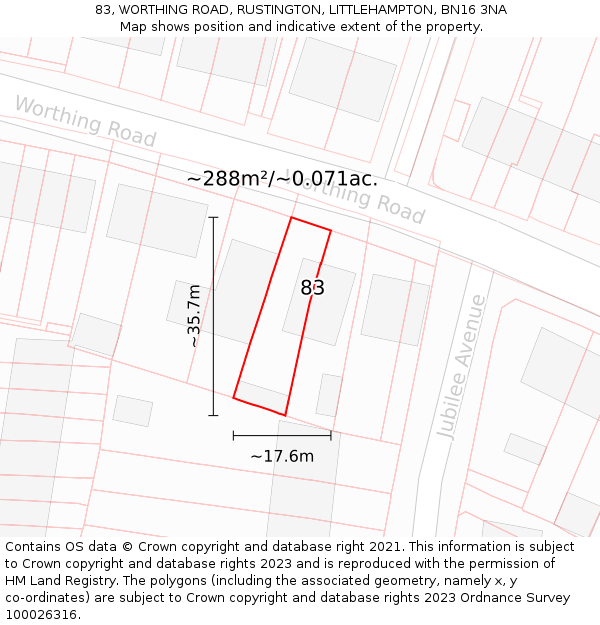 83, WORTHING ROAD, RUSTINGTON, LITTLEHAMPTON, BN16 3NA: Plot and title map