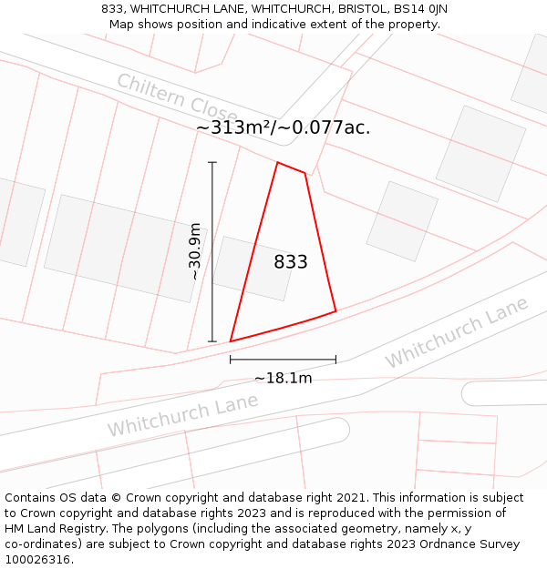833, WHITCHURCH LANE, WHITCHURCH, BRISTOL, BS14 0JN: Plot and title map