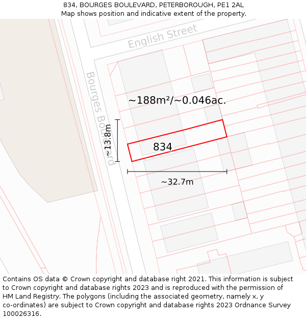 834, BOURGES BOULEVARD, PETERBOROUGH, PE1 2AL: Plot and title map