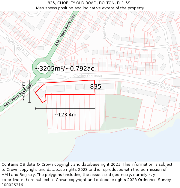835, CHORLEY OLD ROAD, BOLTON, BL1 5SL: Plot and title map