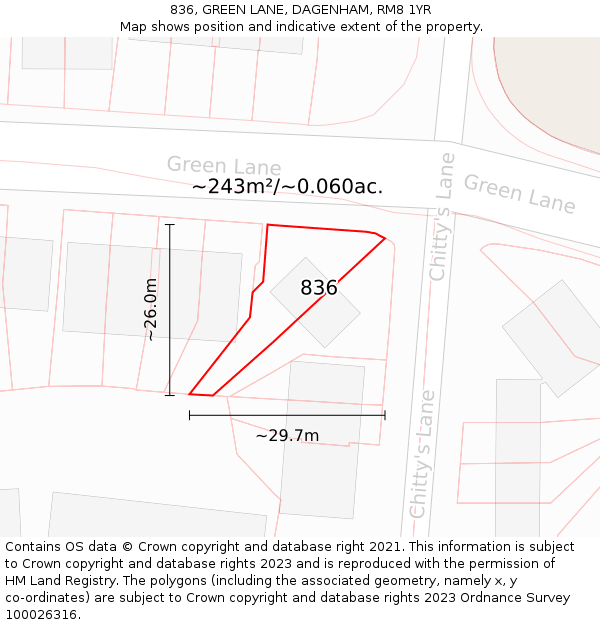 836, GREEN LANE, DAGENHAM, RM8 1YR: Plot and title map